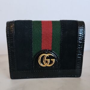 Gucci Ophidia leather card wallet Black Card Holder with Green and Red Stripe